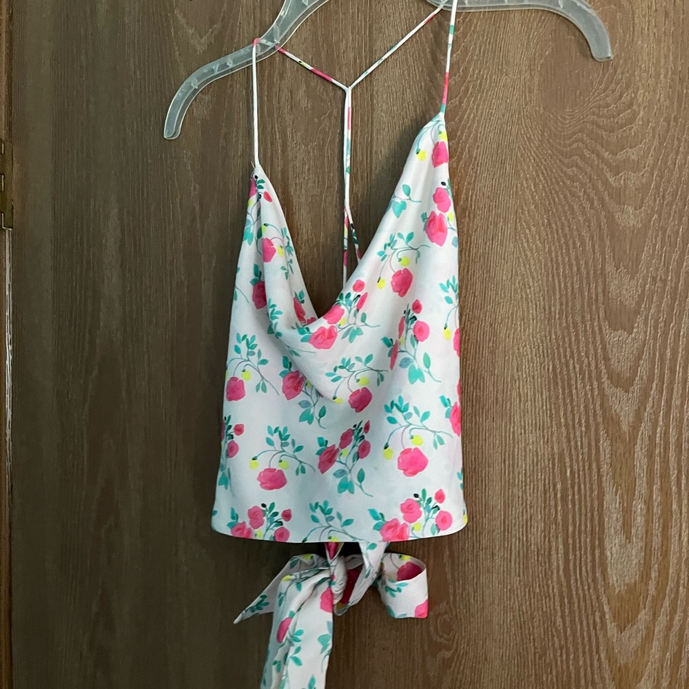 Zara size xs spaghetti strapped crop top. floral silky material. Tie ribbon back